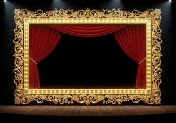 Golden theater stage frame with red curtains