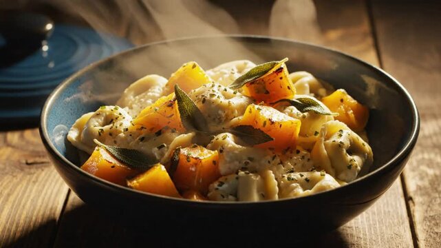 Steaming bowl of butternut squash ravioli with sage on a rustic wooden table, food photography