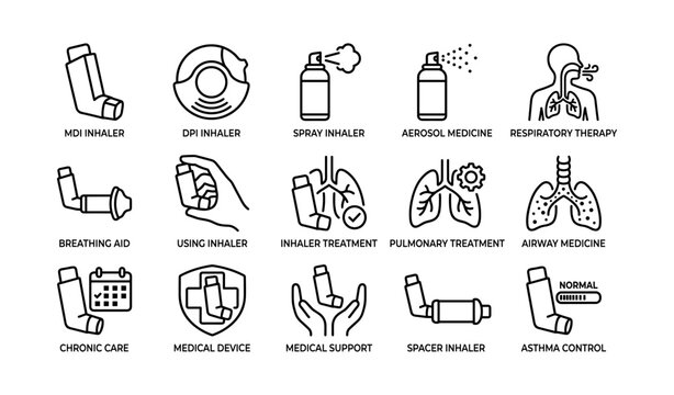 Inhaler and respiratory therapy icons set for medical use