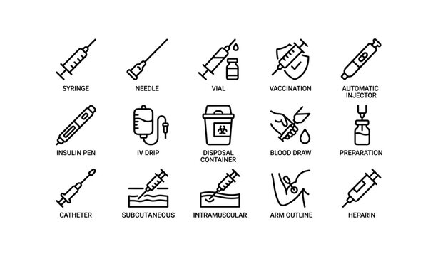 Medical equipment icons: syringe, needle, vial, insulin pen, iv drip, disposal, preparation