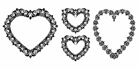 Obraz premium Four ornate heart shaped frames in a black and white illustration