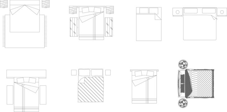 Technical architectural furniture blocks showing various bed layouts in plan view including single, double beds with headboards, nightstands, plants and patterned bedding.