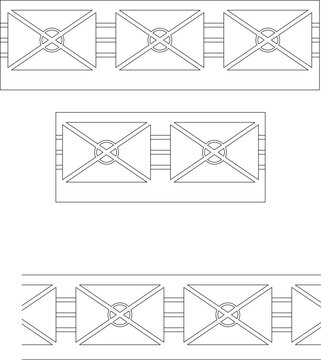 Technical architectural furniture blocks showing theater or auditorium seating arrangements in plan view with X-shaped backrests and connected row configurations.
