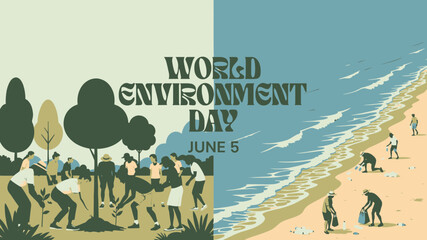 Naklejka premium World Environment Day Graphic with People Cleaning vector illustration