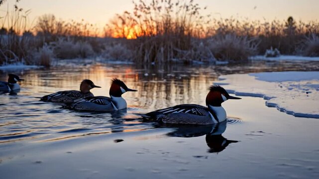 Tranquil sunrise scene with a group of elegant smew ducks swimming on a calm water surface