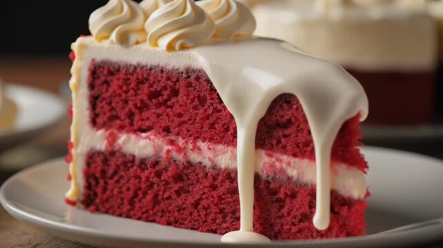 Delicious slice of red velvet cake with cream cheese frosting