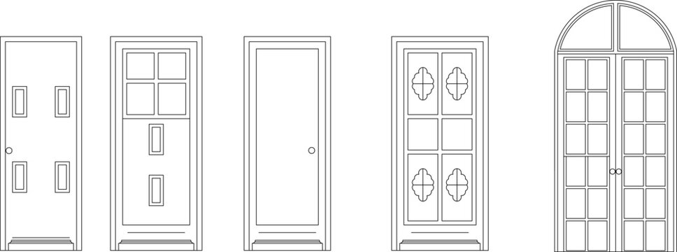 Technical architectural elevation drawings showing five door designs including modern panel, traditional glazed, flush, decorative paneled and arched French doors.