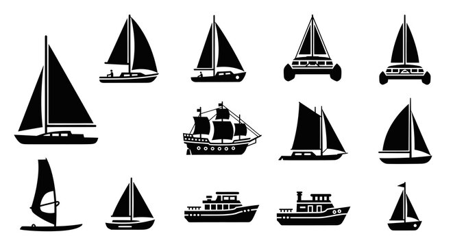 Nautical Transportation Black Silhouette Icon Set - Boats, Ships, Yachts, Windsurfer