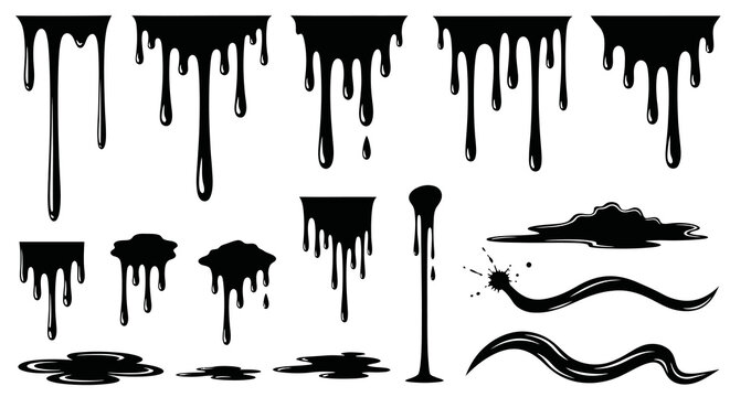 Black Dripping Liquid Vector Set - Paint, Ink, Slime  Spill Graphic Design Elements