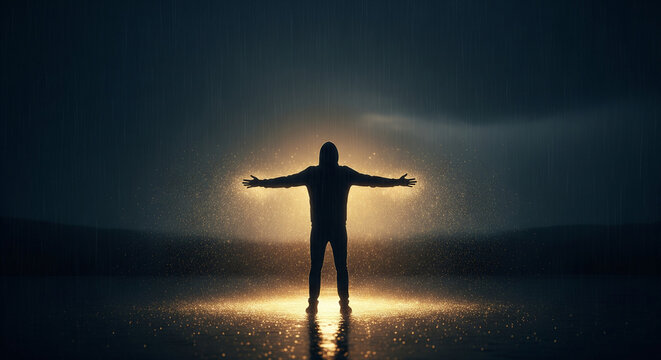 A person stands in a dark rainstorm where the raindrops magically transform into glowing golden light around them, symbolizing invincibility and protection.