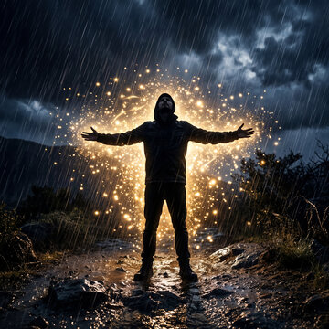 A person stands in a dark rainstorm where the raindrops magically transform into glowing golden light around them, symbolizing invincibility and protection.