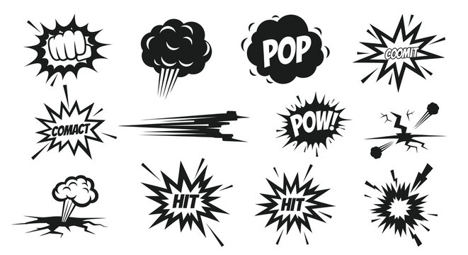 Black and White Comic Book Action Sound Effects and Explosion Elements Vector Set