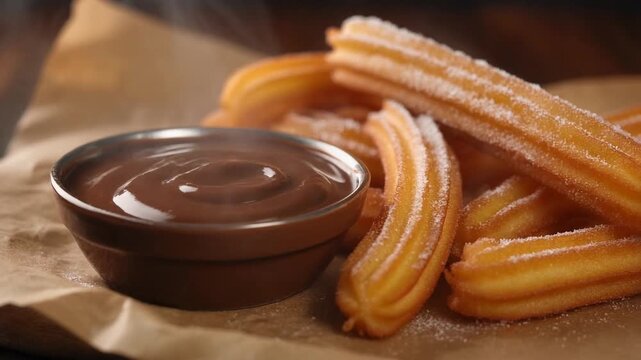 Delicious sweet churros with chocolate dipping sauce