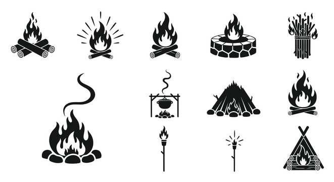 Black and White Camping Campfire and Fire Glyph Icons Set
