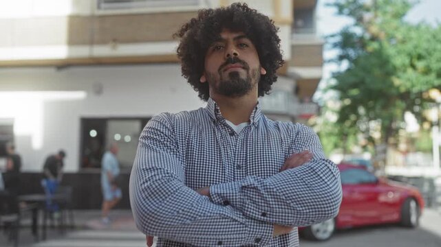 Man with curly hair and beard standing with arms crossed wearing a checkered shirt on a busy city street with a red car behind him; confidence urban life.