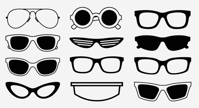 Black  White Fashion Eyewear Icons: Diverse Sunglasses and Eyeglasses Line Art Collection