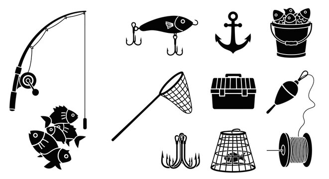 Fishing Equipment Glyph Icons Set. Black and White Silhouette Vector.