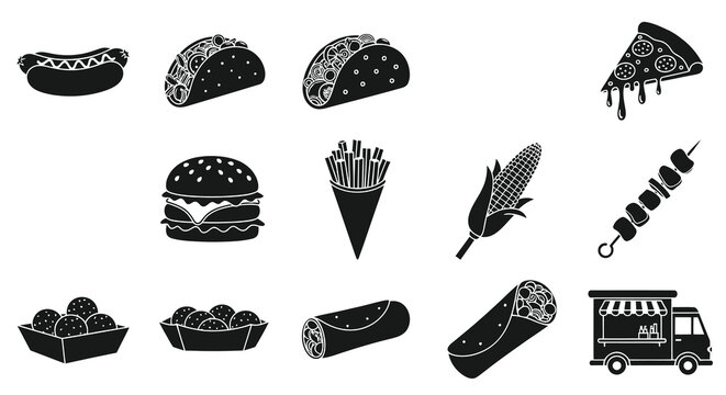 Food Industry Black and White Glyph Icons Set - Fast Food, Street Food, and Restaurant Items