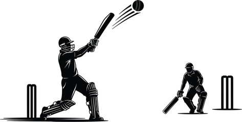 Professional cricket player hitting the ball with bat during a match with wicketkeeper and stumps isolated vector © MDRONI