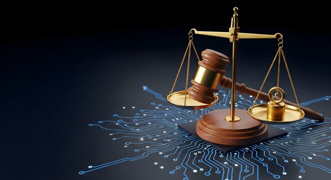 Gavel and Scales of Justice Rest on Computer Circuit Board