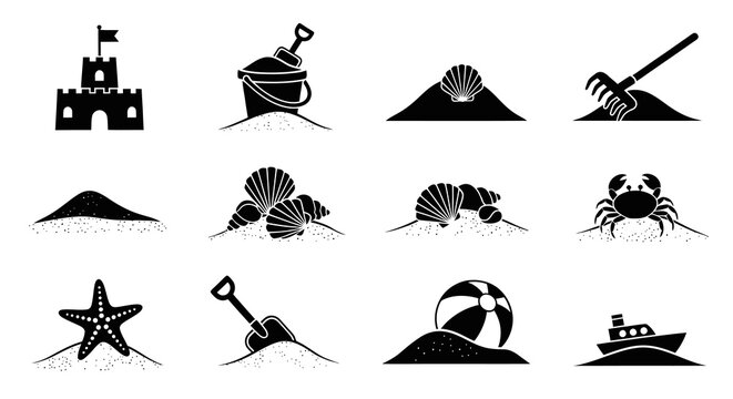 Black and White Glyph Beach Icons Set: Summer Vacation Sand  Sea Elements Collection