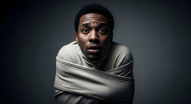 A young man with wide, fearful eyes and an open mouth, wearing a straitjacket against a dark, somber background, conveying intense distress and vulnerability.