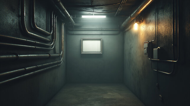 Dark industrial corridor with exposed pipes and cables. Glowing monitor frame on the wall. Moody cinematic basement hallway in futuristic sci-fi bunker. Grungy concrete background with pipes.