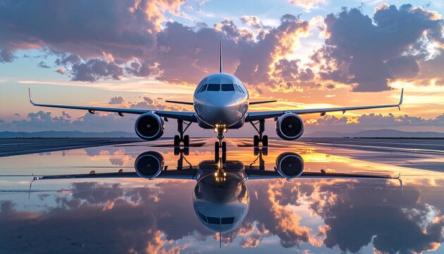 Airplane on Runway at Sunset with Reflection.