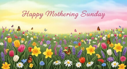 Happy Mothering Sunday Text over Spring Flower Meadow