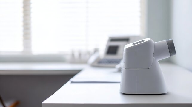 Modern spirometer in pulmonology consultation room on clean counter with soft natural light, shallow focus on device, clinical sterile atmosphere, professional medical stock