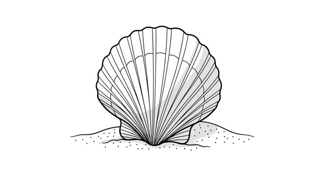 Detailed illustration of a single scallop shell on sand.