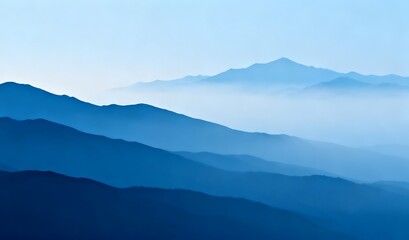 Obraz premium Serene blue layered mountains gently fading into the hazy distance, creating a tranquil and atmospheric natural landscape with profound depth and minimalist beauty