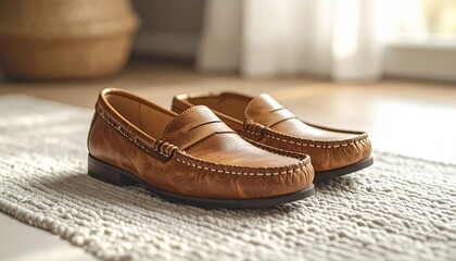 A Pair of Brown Stitched Leather Moccasins on a Textured Surface