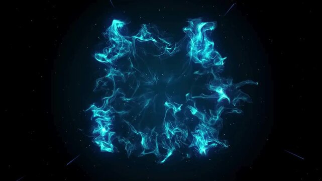 Cinematic blue energy particles and glowing light trails converge to create a magical shockwave explosion with shimmering fairy dust and smoke effects on a black background.
