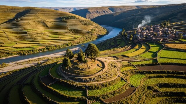 Panoramic aerial view of terraced hills and valley farmland shaped by ancient irrigation and stone walls.