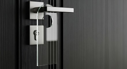 Close-up of a modern door handle with a clear sign hanging on it.