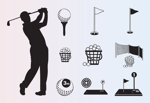 Golfthemed vector icons and silhouette of golfer swinging club