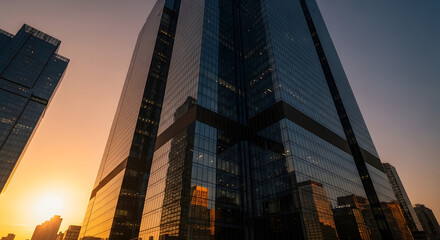 A low angle view of a modern skyscraper with reflective glass facade at sunset in a bustling city with other high rise buildings in the background © Jabed Omar