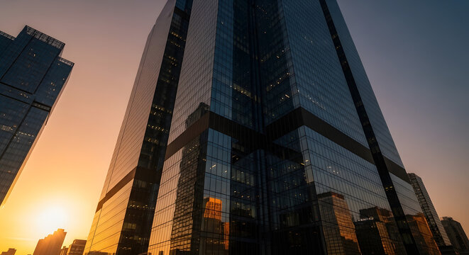 A low angle view of a modern skyscraper with reflective glass facade at sunset in a bustling city with other high rise buildings in the background