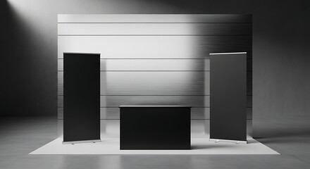 Fototapeta premium Minimalist black display stands and counter against a striped background in a studio setting.