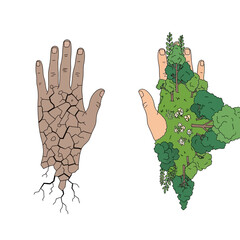 Obraz premium Hand transforming from dry cracked earth to lush green forest, symbolizing growth and nature
