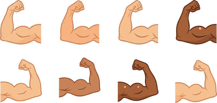Strong muscular arm flexing biceps collection with different skin tones, fitness strength symbol icons vector illustration set