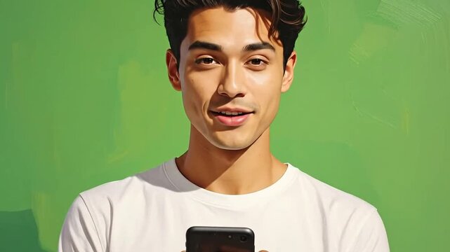 Smiling young man using a smartphone against a vibrant green background, looking cheerful.