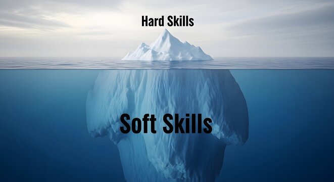 Iceberg with hard skills and soft skills text, concept image