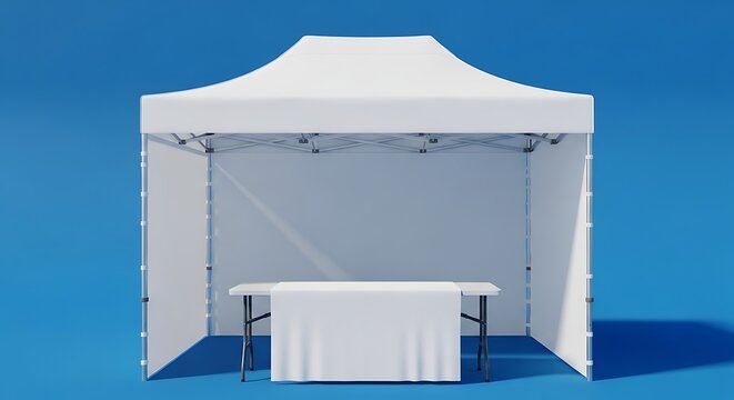 White tent with a table inside, perfect for outdoor events and trade shows, blue background.