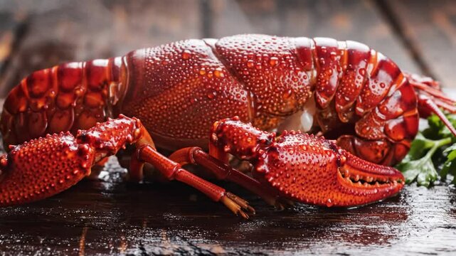 Close up view of cooked red crawfish on dark wooden table with green parsley leaves in high angle shot