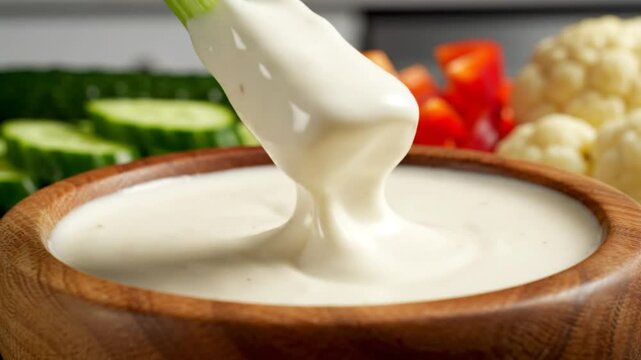 Celery stick dipped in creamy white sauce, with other fresh raw vegetable snacks on display, close-up shot