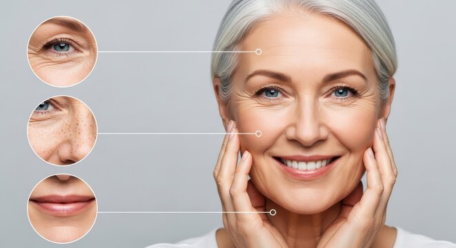 Mature woman examines signs of skin aging on her face with magnified inset views
