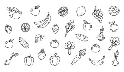 Hand drawn fruit and vegetable doodle icons outline healthy food vector pattern set © MdRoni