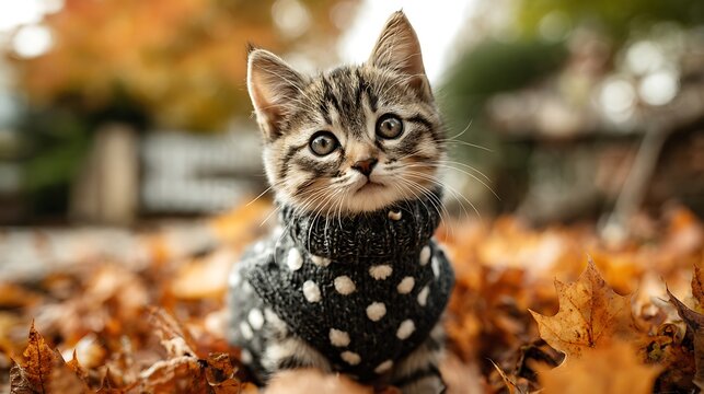 tabby kitten vector in autumn leaves wearing knitted hat